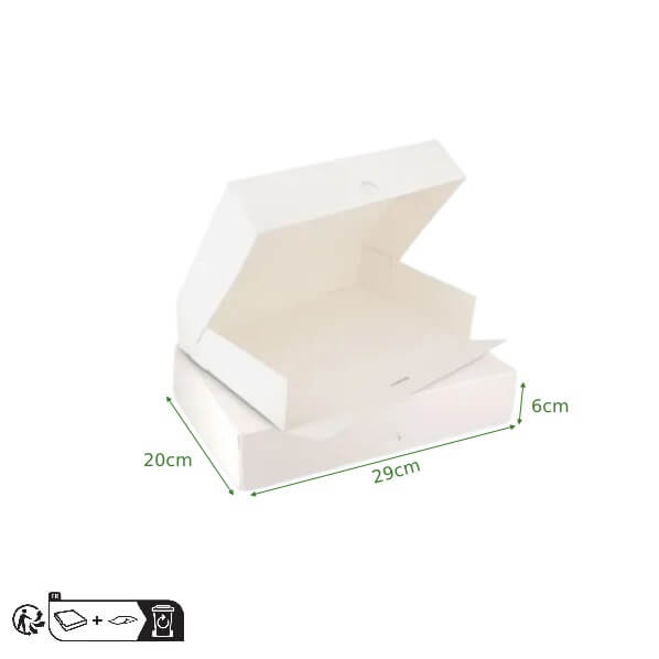 Boîte pâtissière en carton blanc 29x20x6 cm, idéale pour gâteaux et pâtisseries.