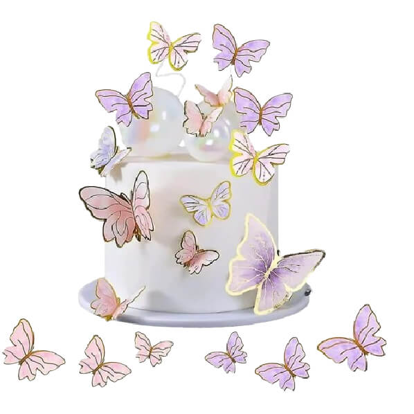 Set de 10 papillons décoration gâteau violet avec kit de montage