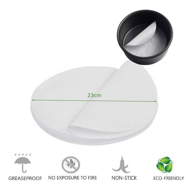 Papier sulfurisé rond 23 cm, pré-découpé pour gâteaux et pâtisseries, usage alimentaire sûr.