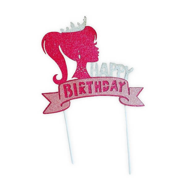 Topper Barbie couronnée rose et argent avec HAPPY BIRTHDAY pour gâteau