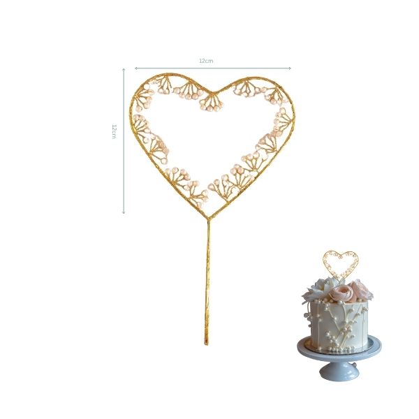 Topper cœur doré en métal avec perles blanches