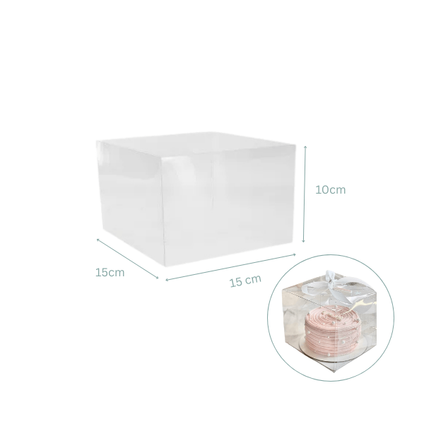 Boîte pâtisserie transparente 15×15×10 cm, vendue en unité ou lot de 10, avec film protecteur à retirer